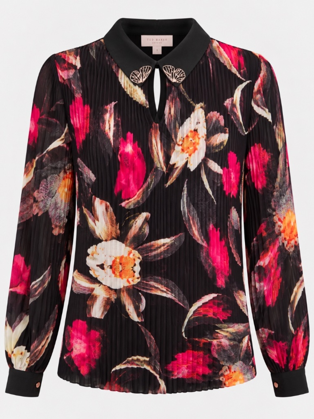 Ted Baker London Sun in Love Floral Pleated Blouse Size Med/LaBlack Pink Keyhole